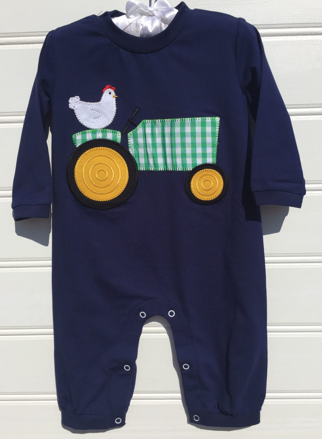 Millie jay Tractor Applique Boys Knit Romper. The White Dogwood